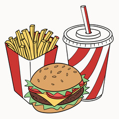 Classic Fast Food Combo Burger Fries And Drink Cartoon Illustration