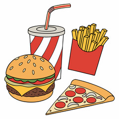Fast Food Meal Illustration With Pizza Burger Fries And Soda Cup