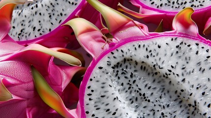 A close up of dragon fruit macro detail showing intricate seed patterns and natural texture with high clarity and sharpness 