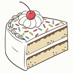Cute Cake Slice With Cherry And Sprinkles Cartoon Illustration Design