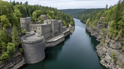 Fototapeta premium Hydroelectric dam generating clean power, river flowing, sustainable resource management - technology engineering protection generation