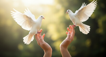 Serene White Doves Landing on Gentle Hands: A Peaceful Image