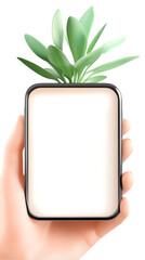 Hand Holding Smartphone with Plant Illustration Transparent Background Realistic Vector Image