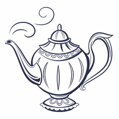 Ornamental Outline Teapot Illustration With Steam Graphic Style Isolated On White