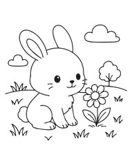 Coloring book Sweet bunny sitting beside a pretty daisy flower in a sunny meadow