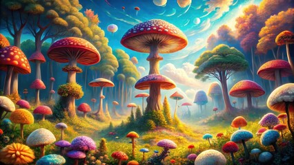 A whimsical landscape featuring vibrant, colorful mushrooms of varying sizes, thriving in a sunlit meadow amongst a lush forest of trees, creating a magical, enchanting atmosphere.