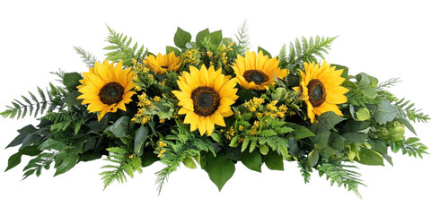 Horizontal arrangement of vibrant yellow sunflowers and green foliage, creating a decorative and beautiful floral display.