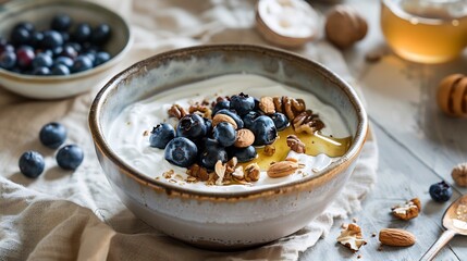 A cozy breakfast table with a bowl of Greek yogurt topped with blueberry antioxidant nuts and honey