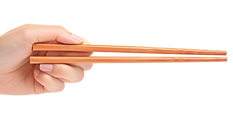 Hand Holding Wooden Chopsticks Isolated Background Photo