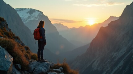 A Traveller Standing on Rocky Outcrop at Dawn.