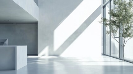 Obraz premium Modern Minimalist Office Interior Design: Sunlight Streaming Through Large Windows, Illuminating a Spacious Room with Simple Furnishings and a Small Tree