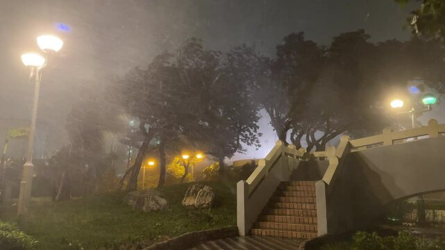Hurricane Batters City At Night With Powerful Winds And Heavy Rain - Saola