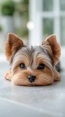 Yorkshire Terrier puppy lying down in a stylish, modern interior, blending softness with contemporary design elements.