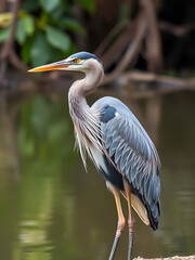 Fototapeta premium Camera zooms in while this bird faces towards the left, Grey Heron Ardea cinerea, Thailand