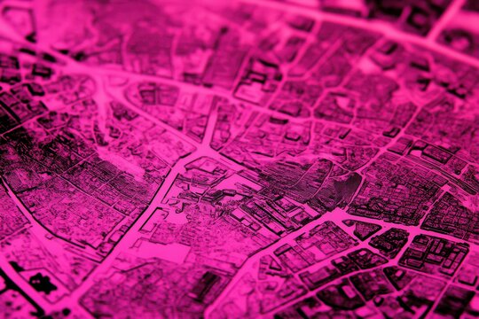 Fototapeta Close-up of a stylized city map, rendered in black and white lines on a vibrant pink background  Detailed urban layout, featuring streets, buildings, and parks
