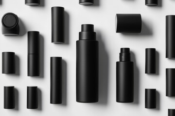 Obraz premium Flatlay of black cosmetic containers