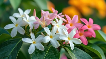 Fototapeta premium Pink and white star-shaped flowers bloom on green leaves, blurred background