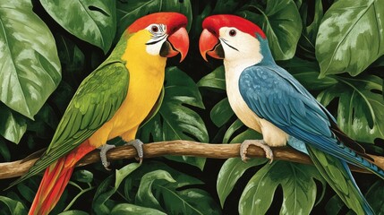 Vibrant tropical lovebirds perch amidst lush foliage evoking a sense of exotic paradise and playful companionship with natural elegance