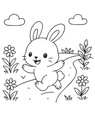Coloring book Cute bunny leaping on a path with flowers Cute line art for coloring creative for kid