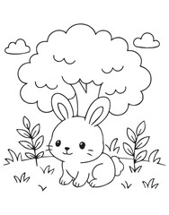 Coloring book Cute bunny leaping over a puddle in a grassy field happy springtime designs. education 