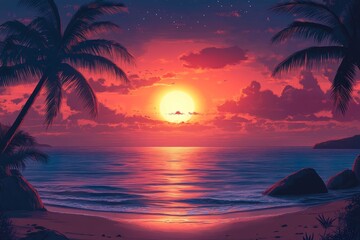 Tropical sunset beach scene, calm ocean, palm trees