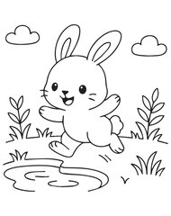 Coloring book Joyful bunny leaping over a puddle in a grassy field!