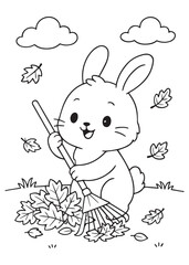 Coloring book Helpful bunny raking fallen autumn leaves
