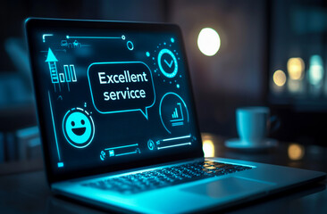 5-star customer service review on a virtual screen with a happy face icon and the text Excellent service in a speech bubble