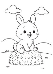 Coloring book bunny sitting on a cozy haystack under fluffy clouds Cute line art for coloring education for kid