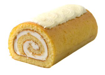Golden sponge cake roll with smooth cream swirl and soft fluffy texture, isolated on transparent background.
