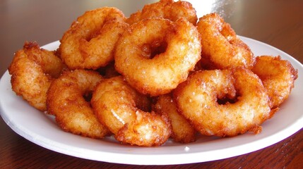 Golden Brown Fried Ring Shaped Sweet Treats on a White Plate