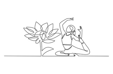 Continuous one line drawing of Young Woman doing yoga with lotus flower. Single line drawing illustration of Woman doing yoga. Fitness and gym concept vector art. Doodle line illustration.