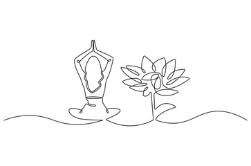 Continuous one line drawing of Young Woman doing yoga with lotus flower. Single line drawing illustration of Woman doing yoga. Fitness and gym concept vector art. Doodle line illustration.