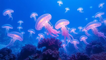 Fototapeta premium Giant bioluminescent jellyfish drift amidst glowing coral, surreal translucent creatures swim in empty underwater space, blue, reef