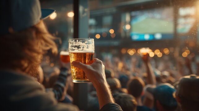 A person holds up a glass of beer in a lively crowd, watching a sports event on a big screen in an outdoor bar setting.