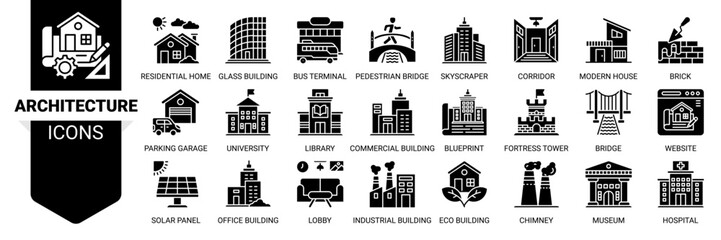 Architecture icon set. Vector illustration concept with icon of architecture, residential home, skyscraper, modern house, office building and more. Solid icons vector symbol background collection.