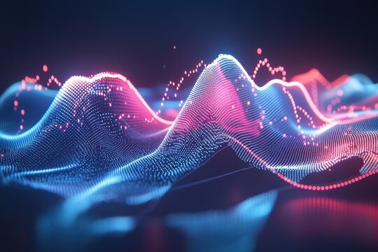 Abstract data visualization, glowing points forming undulating shapes, vibrant pink and blue hues  Dynamic, futuristic digital landscape