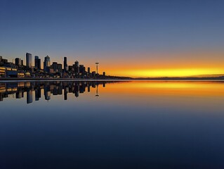 Fototapeta premium Serene coastal city at dawn, calm waters, majestic skyline silhouette - dawn city blue waterfront
