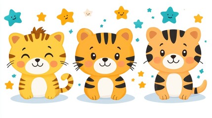 Obraz premium Whimsical cartoon tigers with celebratory stars evokes playful birthday party festive spirit for children's event or adorable illustration art design