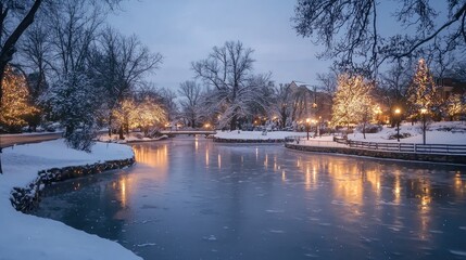 Snowy park pond at twilight, illuminated by warm lights.