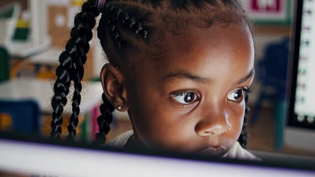 Close-up video still of a child with braided hair, focused expression, surrounded by computer screens, shot from a low angle in a classroom setting.
