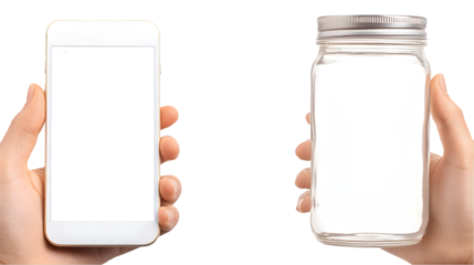 Hands Holding Smartphone And Glass Jar Isolated Background Illustration