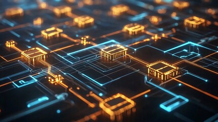 Complex digital circuit board with glowing components.