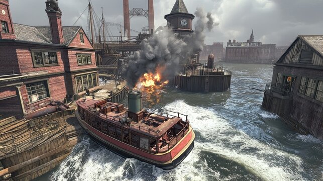 Red Tugboat Navigating a Burning Industrial Canal