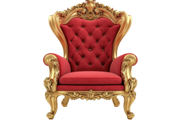 Meticulously crafted, regal red upholstered chair with detailed gold carvings.