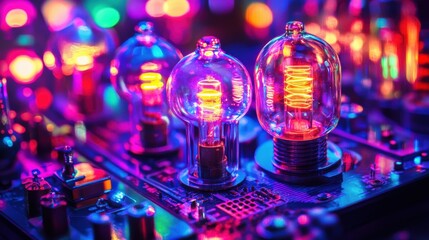 Colorful glowing vacuum tubes on a circuit board, with vibrant bokeh lights in the background