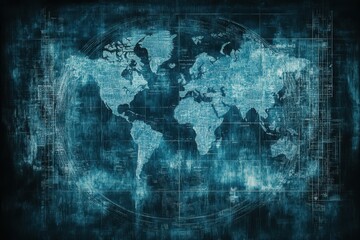 World map, distressed,  technological overlay  Dark teal world map, overlaid with  grungy,  technical  design elements, giving a futuristic, slightly  aged impression