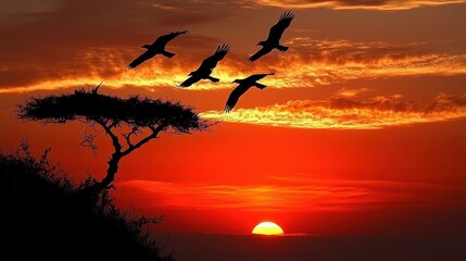 Silhouette Tree with Birds Flying Over a Warm Sunset Sky, a Landscape of Tranquility and Serenity, perfect for travel and nature related content
