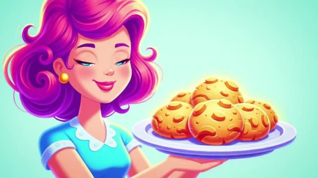 Colorful animated woman presenting a delicious plate of spaghetti with a cheerful smile in a bright setting.