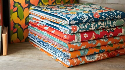Stack of Colorful Floral Fabric Bolts